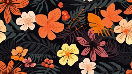 Seamless pattern with tropical flowers and leaves on a dark backgrond. Vintage illustration.