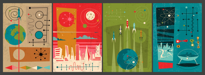 Mid Century Modern Abstraction Space Posters Set. 1950s-1960s Vintage Colors Retro Futurism Space Flight Illustrations © koyash07