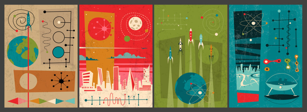Mid Century Modern Abstraction Space Posters Set. 1950s-1960s Vintage Colors Retro Futurism Space Flight Illustrations