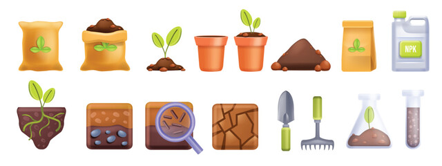 3D soil icon vector set, cartoon fertilized compost, agriculture farming illustration kit, seedling. Geology layers garden pots, plant roots agronomy science, NPK can, clay pile. Soil icon collection
