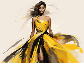 Beautiful fashionable young black woman in yellow haute couture dress, fashion sketch illustration style