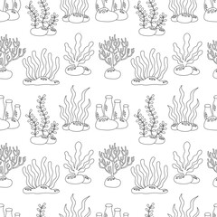 Sea seamless pattern with cute hand drawn seaweed in black and white version.