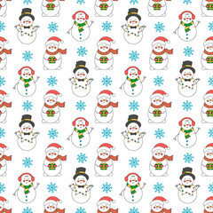 Christmas seamless pattern with cute cartoon snowmen on white background.
