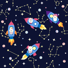 Seamless pattern with lama in a rocket, in space. Lama travels, adventures among the stars. Cute pattern with alpaca