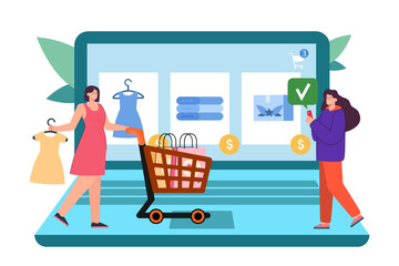 Women choosing clothes in online store vector illustration. Customers with cart buying dresses with mobile shopping app on computer screen. Ecommerce, online delivery concept