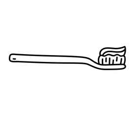 Toothbrush with toothpaste isolated on white background. Oral hygiene. Vector hand-drawn illustration in doodle style. Perfect for decorations, logo, various designs.