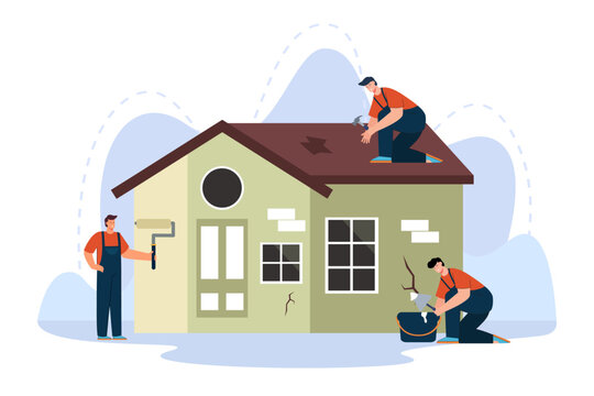 Workers repairing aging house vector illustration. Group of builders fixing roof and windows, painting walls, renovating building. Home maintenance, renovation and repair concept