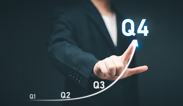 Business Profit growth, Financial report, Fourth quarter Concept. Business man point 4th quarter positive growth performance report, increasing financial, Q4, stock, analysis, Business chart, success.