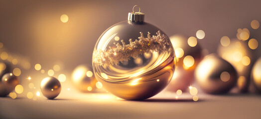 Fototapeta na wymiar Christmas background with golden decoration, gold decorated balls and bokeh, Generative AI