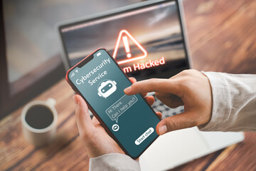 Cybersecurity, Cyber attack, System hacker Concept. Business man hacked on phone, network, vulnerability, illegal connection, Malicious software, data breach virus, cybercrime, compromised information