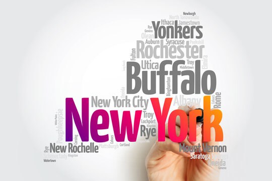 List of cities in New York USA state, map silhouette word cloud map concept