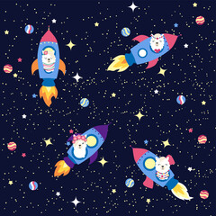 Naklejka premium Seamless pattern with lama in a rocket, in space. Lama travels, adventures among the stars. Cute pattern with alpaca