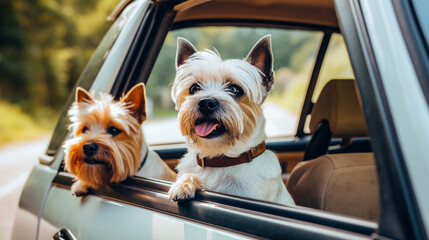 Two dogs looking out of the car window. Traveling with pet concept. selective focus. Generative AI