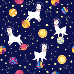 Seamless pattern with lama in a rocket, in space. Lama travels, adventures among the stars. Cute pattern with alpaca