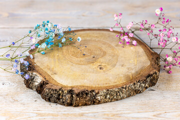 Rustic Elegance: Wooden Pine Table with Birch Board and Baby's Breath Flowers