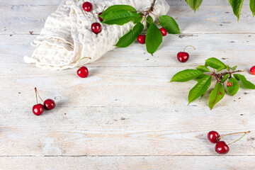 Farm Fresh Delights: White Wood Panel with Cherries and Cherry Flowers