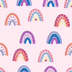 Seamless pattern graceful rainbows in boho colors. Scandinavian baby hand style for newborns.