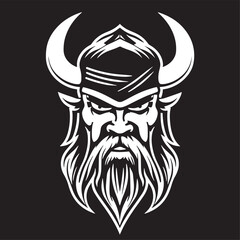 Head of a bearded viking with a formidable face in a helmet with horns isolated on a black background