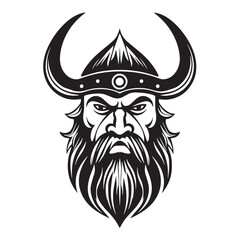 Head of a bearded viking with a formidable face in a helmet with horns isolated on a white background