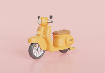 Yellow Retro Motorcycle isolated on pink background. Scooter, motorbike, Delivery, Transport. 3d rendering illustration. Cartoon minimal style