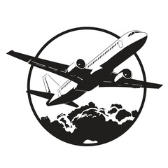 The plane flies in the sky among the clouds. Vector logo in a round shape.