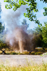 Fototapeta na wymiar Background. Bomb exploding between the trees . Reconstruction of battle from the Second World War.