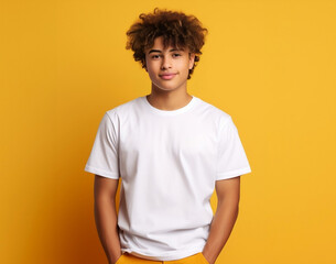 Young black man wearing bella canvas white t-shirt mockup on yellow background. Tshirt template design, print presentation mock-up. AI generated.