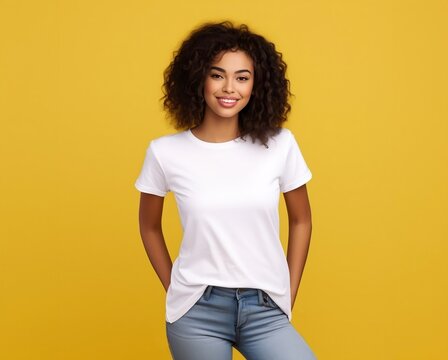 Young black woman wearing bella canvas white t-shirt mockup on yellow background. Tshirt template design, print presentation mock-up. AI generated.
