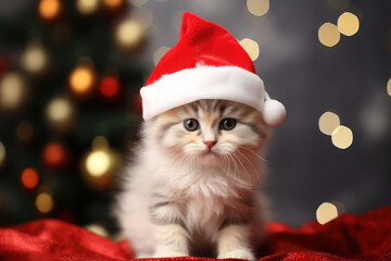 New Year card. Kitten in a New Year's costume. AI generative.