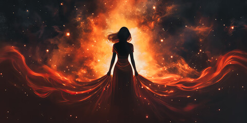 woman in a long red dress standing in a dark space with smoke