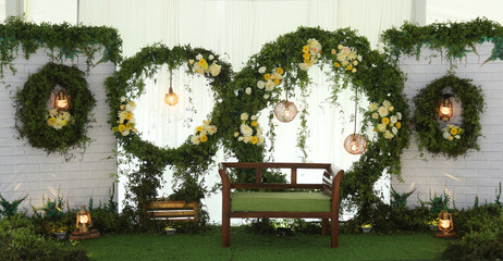 wedding decor, indoor decoration, flowers, wedding table setting, wedding hall, grass, chairs,...