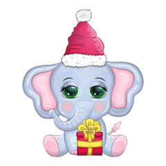 Cute cartoon elephant, childish character with beautiful eyes wearing santa hat, scarf, holding gift, christmas ball