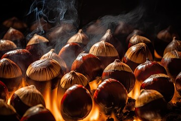 Baking Chestnuts, Autumn Edible Chestnuts in Fire, Roasted Chestnut, Abstract Generative Ai Illustration