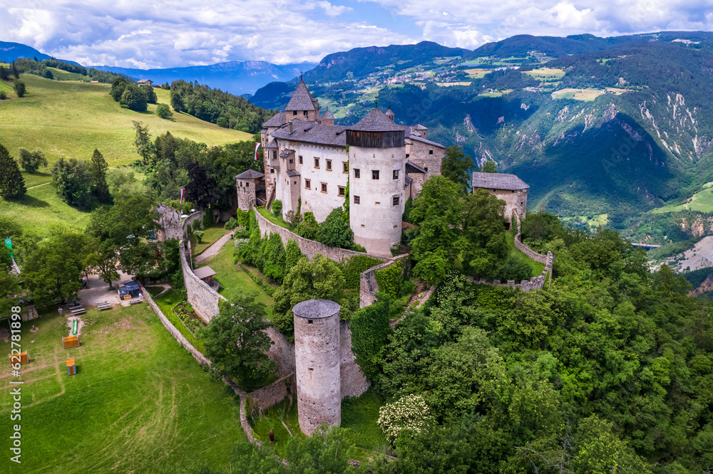 Sticker beautiful medieval castles of northern italy ,alto adige south tyrol region. presule castel, aerial 