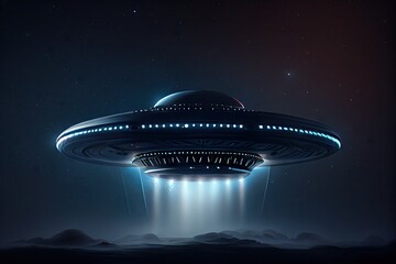 Fototapeta na wymiar UFO with Beam, Alien Spaceship in Night Sky, Futuristic Mystery Transport, Abstract Generative AI Illustration