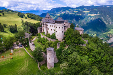 Beautiful medieval castles of northern Italy ,Alto Adige South Tyrol region. Presule castel,   aerial drone high angle view - obrazy, fototapety, plakaty