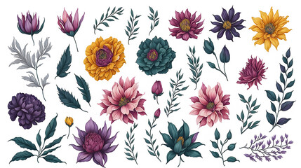Fototapeta na wymiar Watercolor Floral Clipart, Colorful Flowers Clipart, Watercolor Clipart, Watercolor Floral Elements