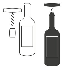 Bottle of wine and corkscrew. Flat vector illustration isolated on white
