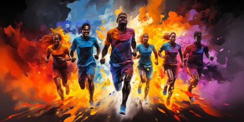 Fototapeta na wymiar a group of different sport athletes on gay lgbtq colorful background. 2023 Gay Games concept wallpaper background