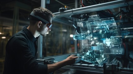Engineer with AR glasses, overlaying digital instructions of a complex machine. Use of augmented reality in industry to simplify complex tasks and enhance efficiency. Generative AI - obrazy, fototapety, plakaty