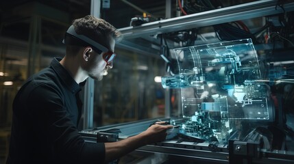 Engineer with AR glasses, overlaying digital instructions of a complex machine. Use of augmented reality in industry to simplify complex tasks and enhance efficiency. Generative AI