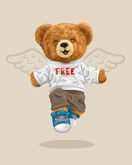 Vector illustration of hand drawn teddy bear in fashion style with wings
