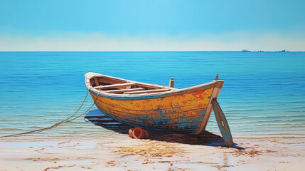 Fototapeta premium Vertical shot of a small wooden boat parked near the seashore. Generative ai