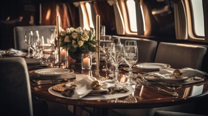 The sumptuous dining area of a private jet