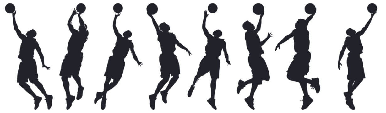 Vector set of 8 silhouettes of basketball players. The player throws the ball while jumping