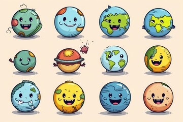 Obraz premium Planet of Emotions: Hand-Drawn, Textured and Stencil-Based Globe Doodles Evolve into a Playful Set of Emoticons, Uniting the World in Expressions, Generative AI