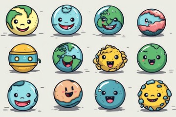 Fototapeta premium Planet of Emotions: Hand-Drawn, Textured and Stencil-Based Globe Doodles Evolve into a Playful Set of Emoticons, Uniting the World in Expressions, Generative AI