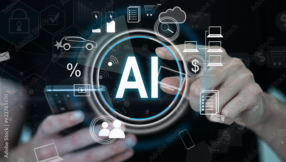 Aufkleber artificial intelligence or ai concept. futuristic icon design and graphics over hand with tablet.
