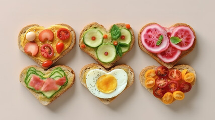 Healthy breakfast toasts, heart shaped sandwiches with fresh ingredients. Generative ai