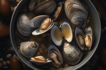 Mussel Soup, Clam Chowder, Shellfish Dinner With Clams, Seafood Meal Bowl, Abstract Generative AI Illustration